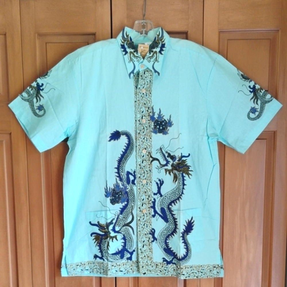 Mens Dragon Print Button Down Short Sleeve Shirt XXL Cotton Aqua/Blue NWT